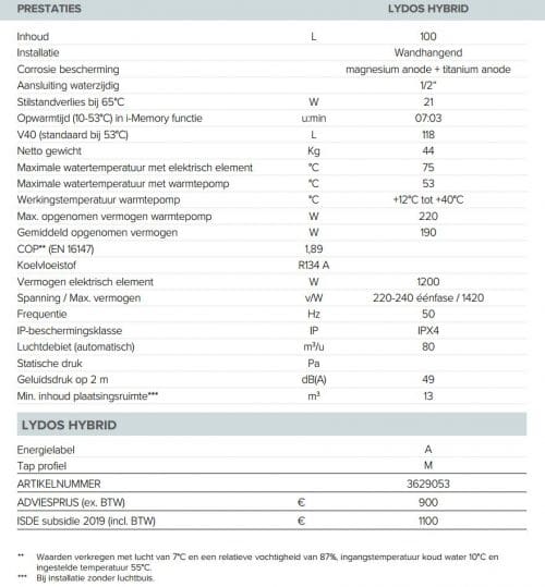 Ariston - Lydos Hybrid - Specificaties